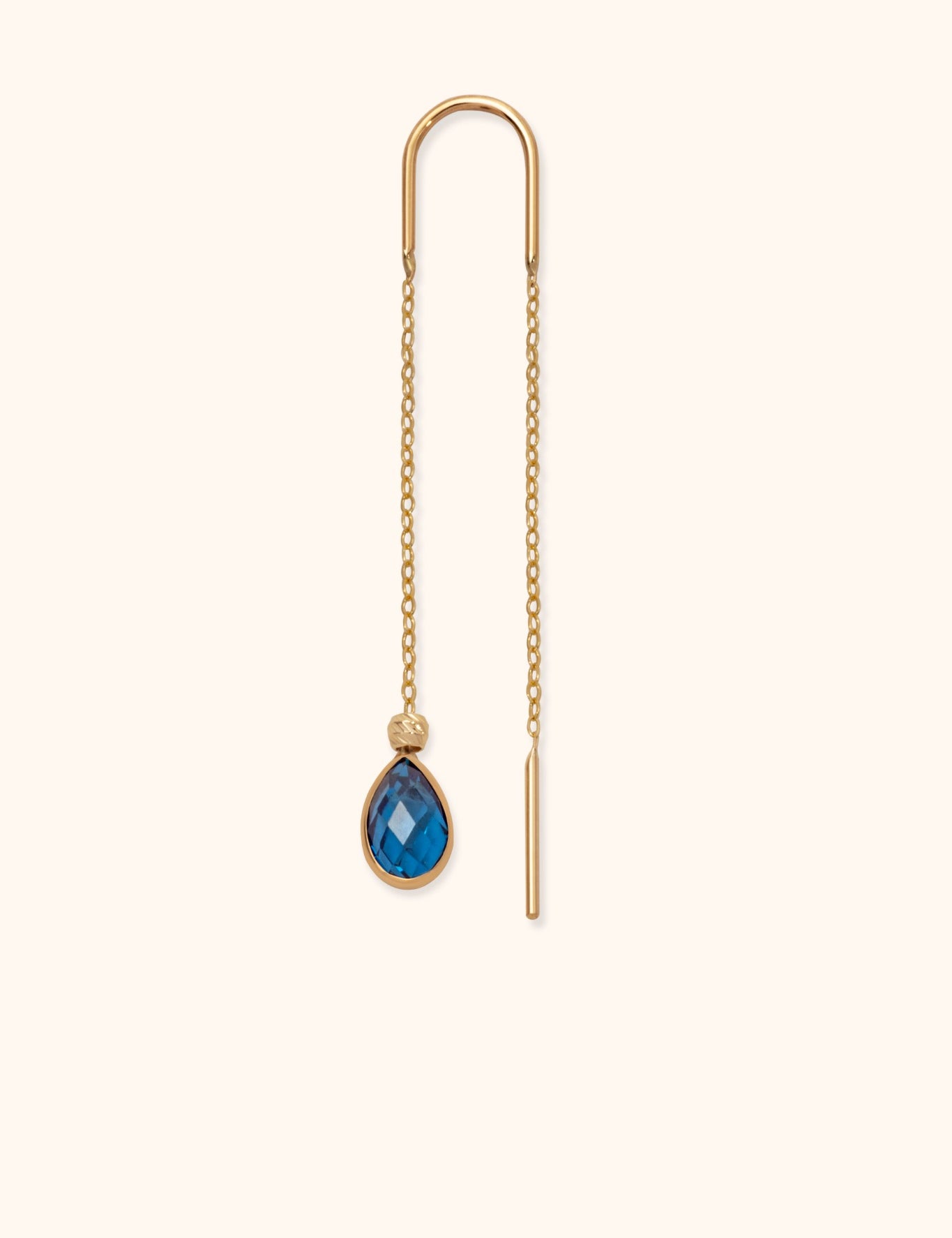 Minimalist 14K gold threader earring with blue teardrop crystal