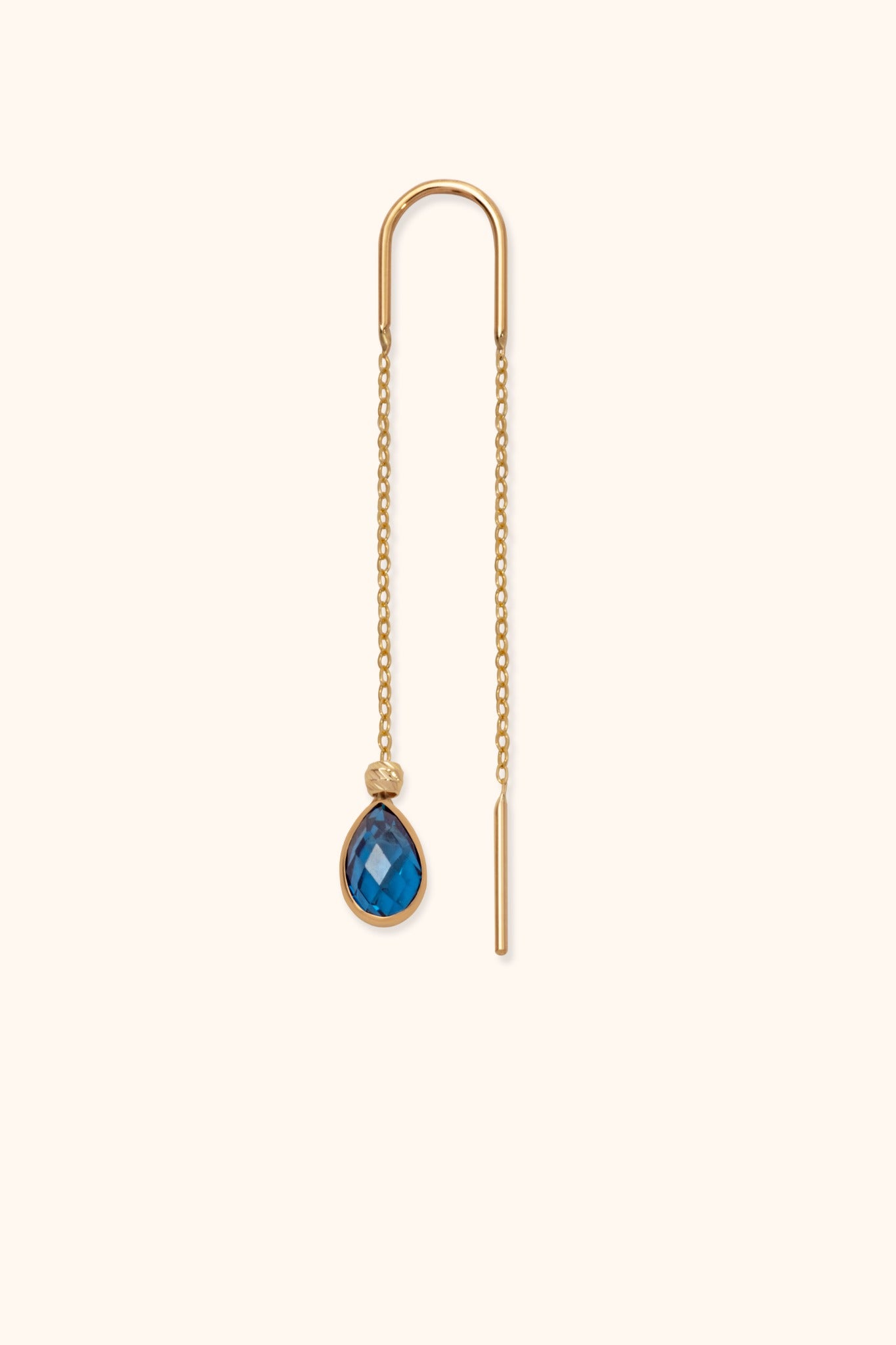 Minimalist 14K gold threader earring with blue teardrop crystal