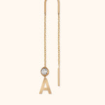 14K gold threader earring with gemstone and letter A charm