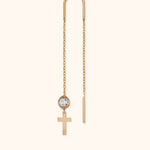 Minimalist 14K gold threader earring with cross charm and clear crystal