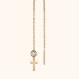 Minimalist 14K gold threader earring with cross charm and clear crystal
