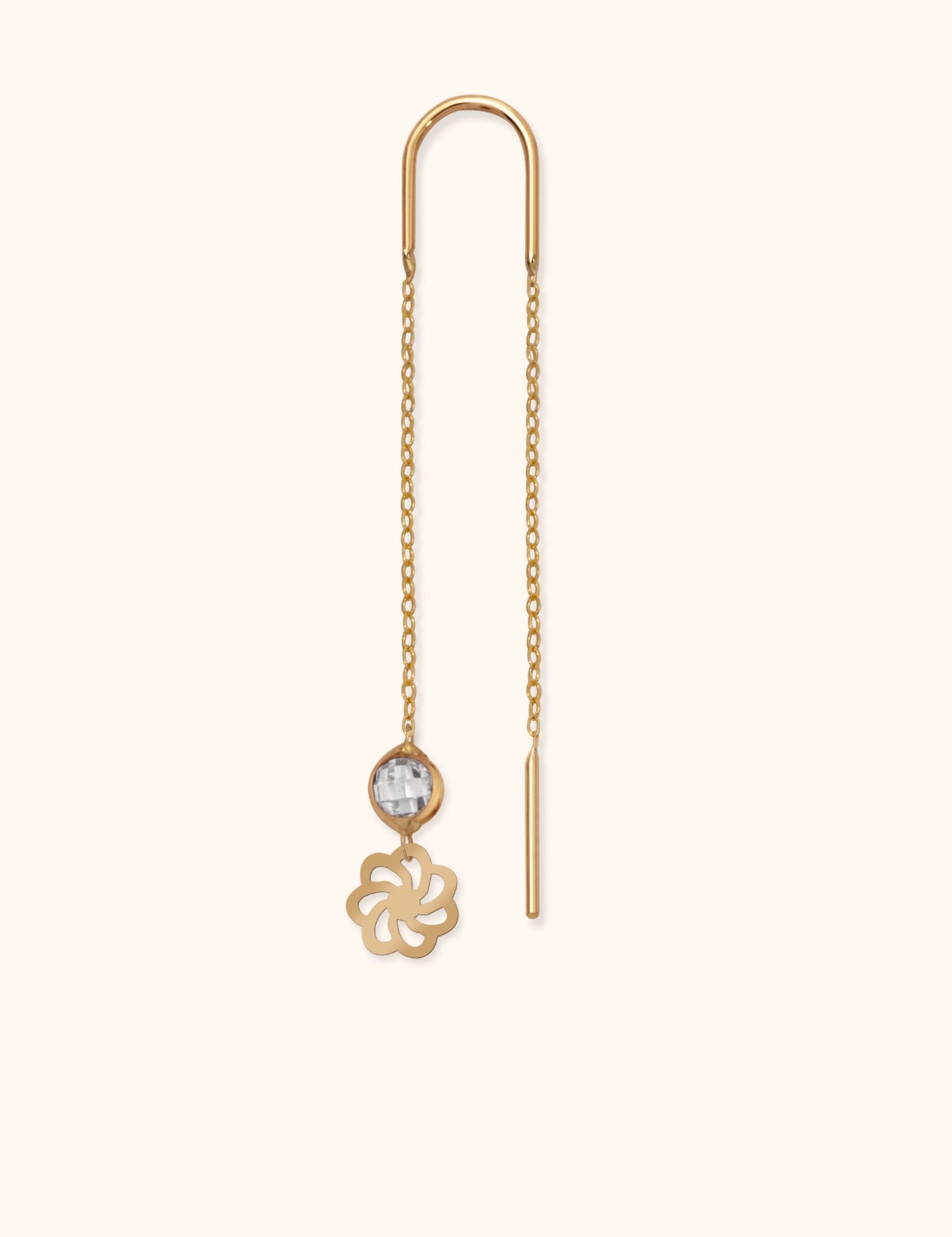 Single 14K gold threader earring with crystal and floral charm