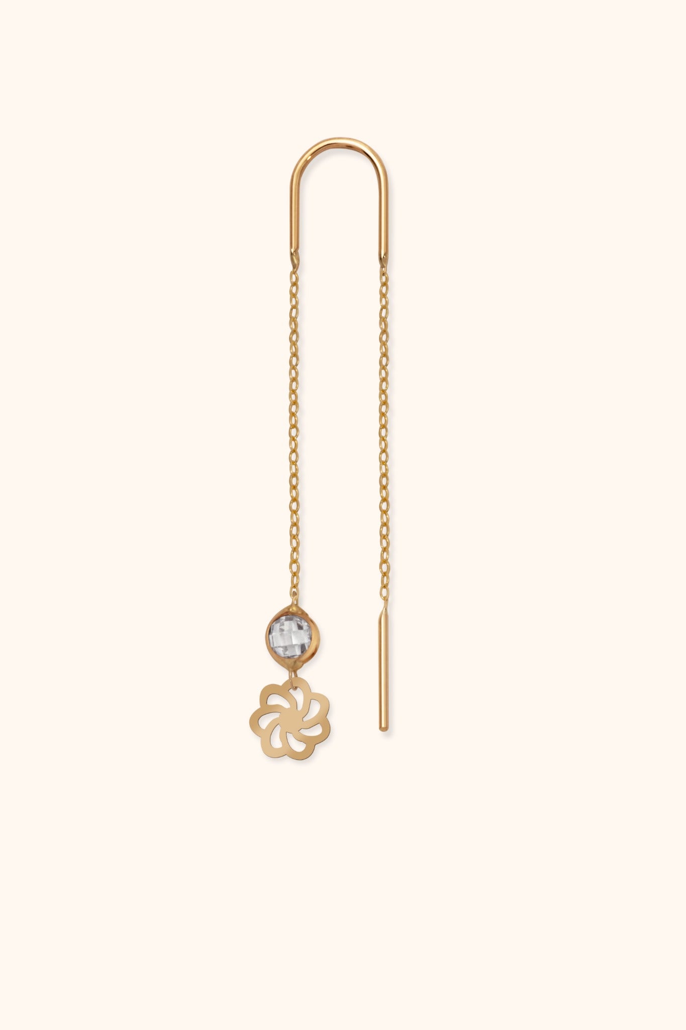 Single 14K gold threader earring with crystal and floral charm