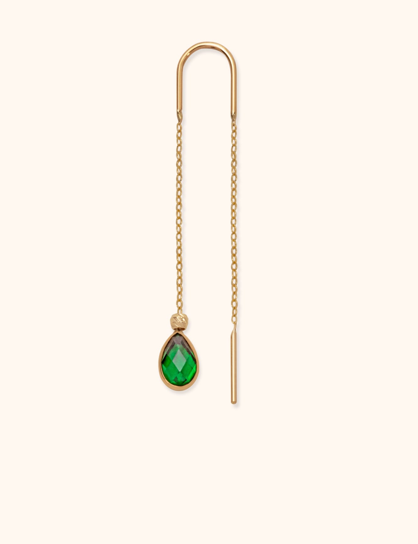 Single 14K gold threader earring with emerald green teardrop charm