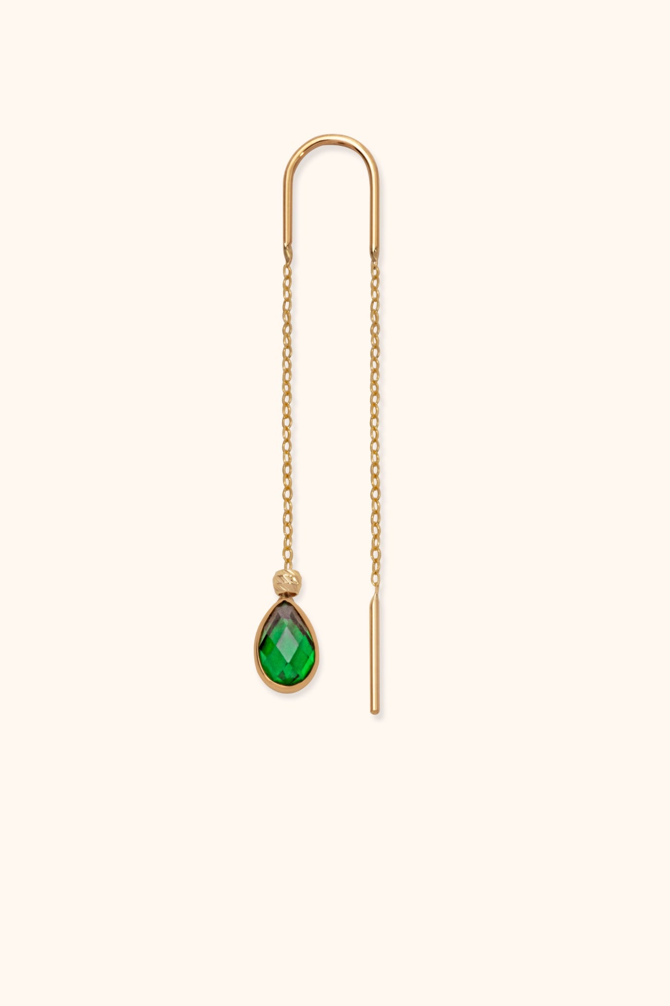 Single 14K gold threader earring with emerald green teardrop charm