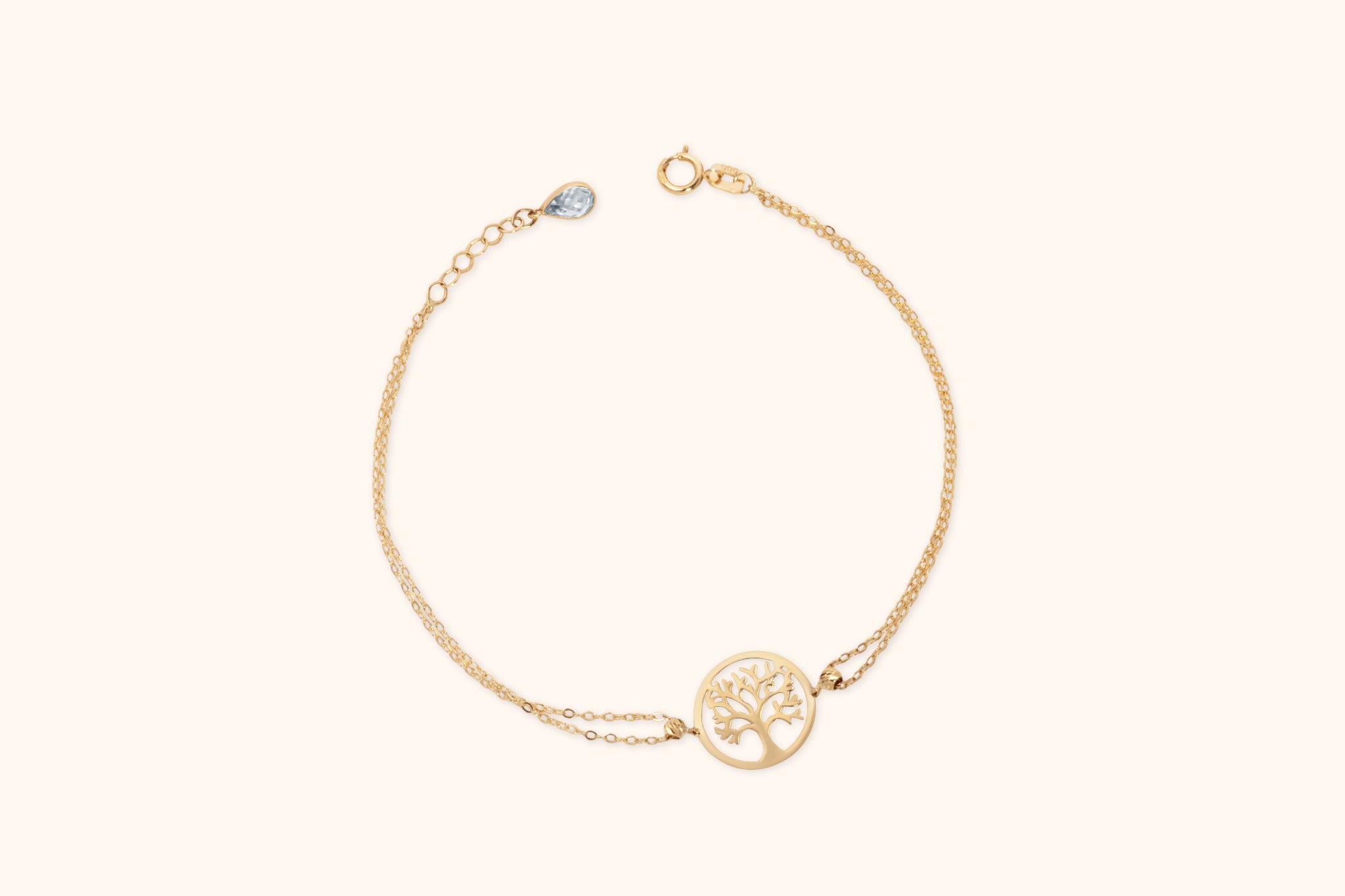 14K Gold Bracelet with Tree of Life Charm and Double-Strand Chain