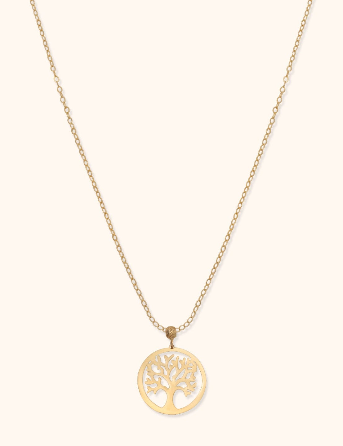 14K gold Tree of Life necklace with symbolic medallion pendant on delicate chain