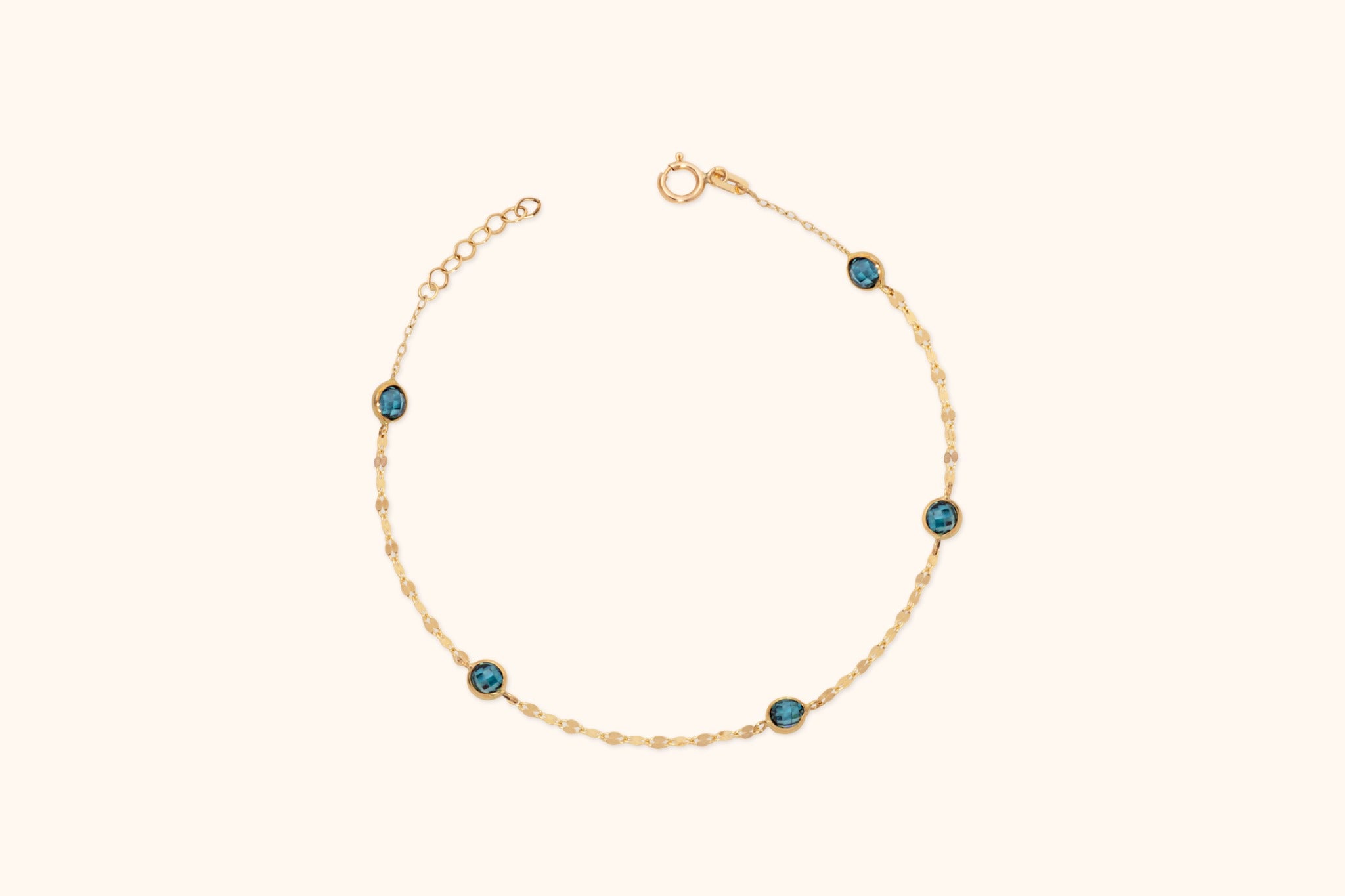 Minimalist 14K solid gold bracelet with blue topaz stones for women – real gold birthstone jewelry