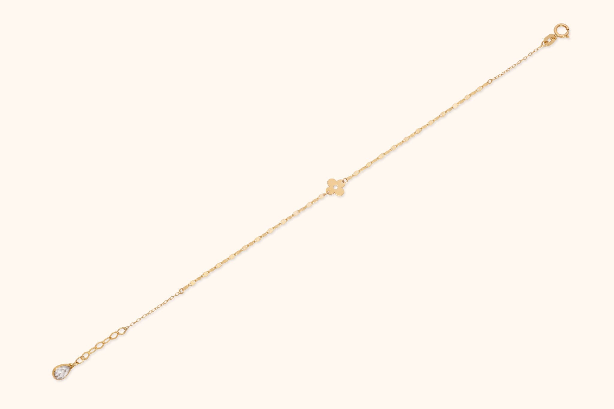 14K solid gold bracelet with clover charm on a delicate beaded chain