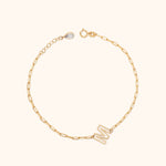14K solid gold bracelet with “M” initial charm and paperclip chain