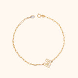 14K solid gold bracelet with “M” initial charm and paperclip chain