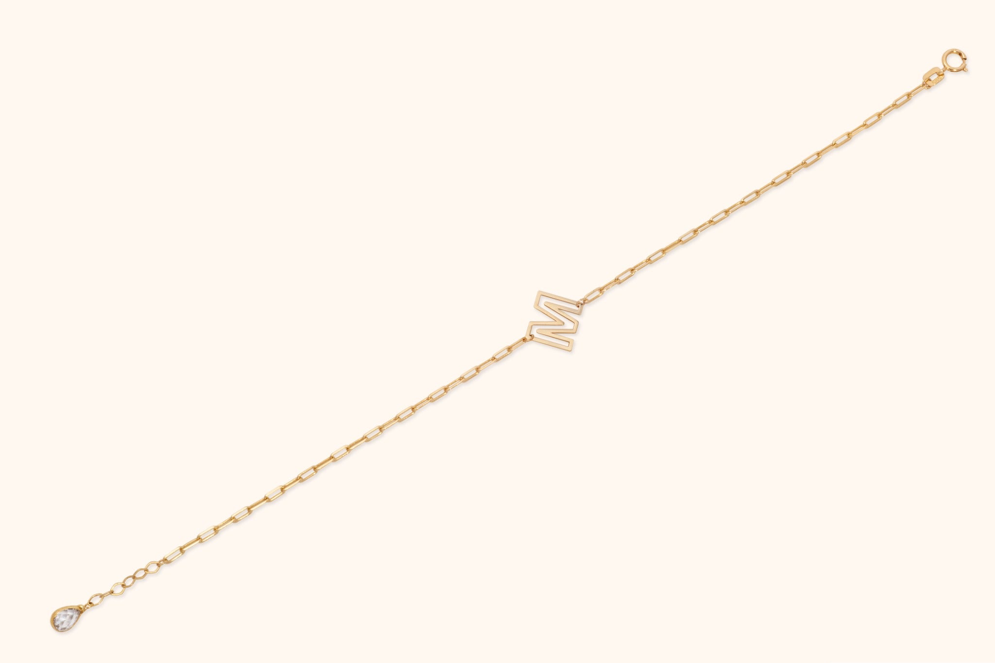 14K solid gold bracelet with letter M initial charm and paperclip chain design