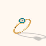 14K yellow gold beaded ring with turquoise and navy enamel evil eye motif