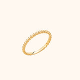 14K yellow gold beaded ring with polished bead texture, minimalist stackable wedding band style