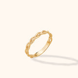 14K yellow gold braided band ring with intertwined twist detail, minimalist stackable wedding band style