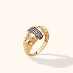 14K yellow gold multi-row pavé statement ring with clear zircon accents and rhodium-plated center row