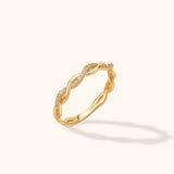 14K yellow gold twisted infinity band with micro-set zircon accents, modern stackable wedding ring style