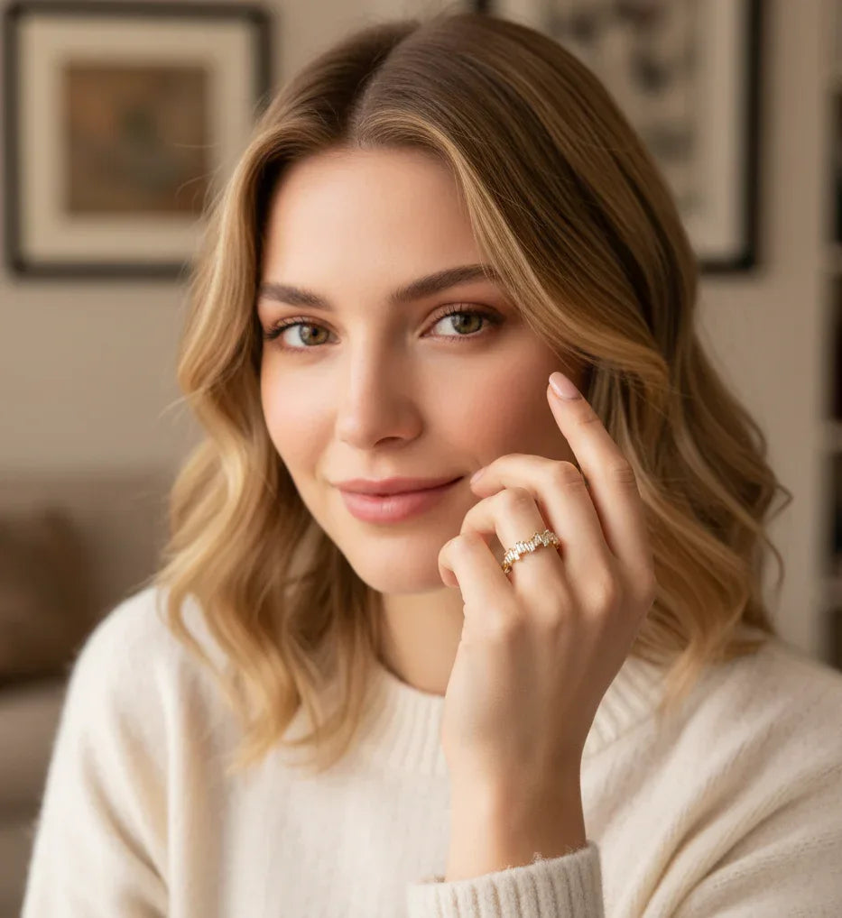 14K Gold Baguette Cluster Ring – Textured Stackable Fine Band - 6