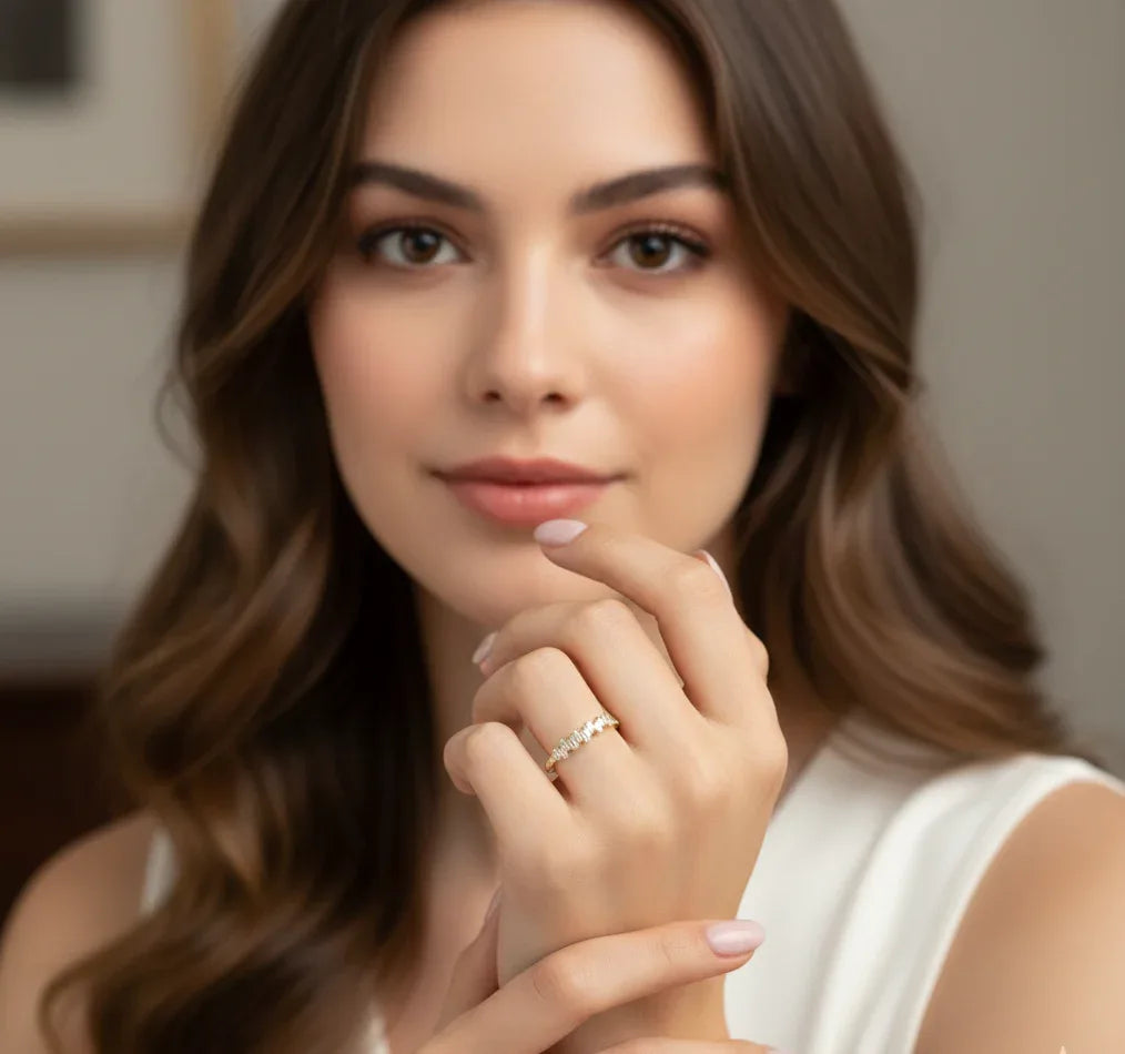 14K Gold Baguette Cluster Ring – Textured Stackable Fine Band - 7
