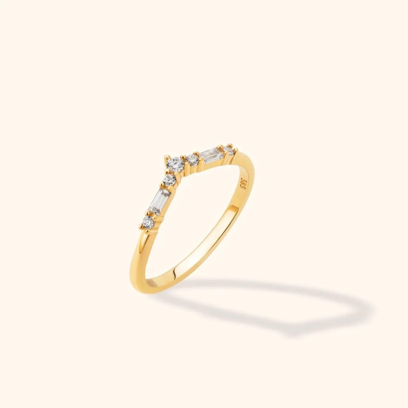 14K yellow gold chevron stacking ring with baguette and round stones – curved wedding band enhancer