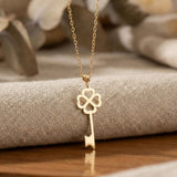 585 Gold Halskette – Schlüssel mit Kleeblatt Anhänger | Glücksbringer Schmuck