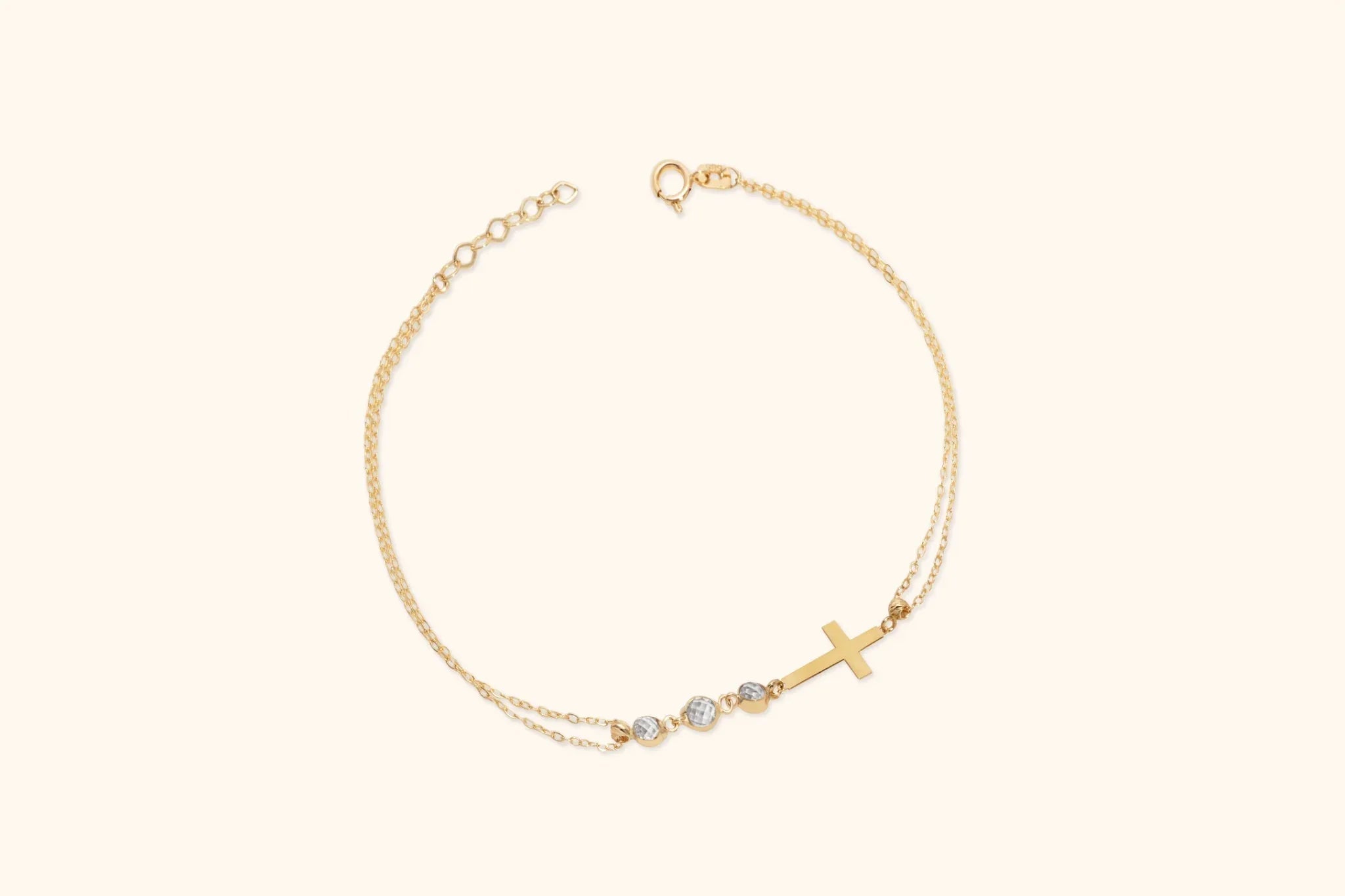 14K Gold Double-Strand Bracelet with Cross Charm and Three Faceted Beads