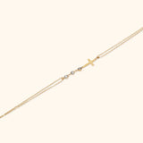 14K Gold Bracelet with Horizontal Cross, Bead Accents, and Dual Chain – Elegant Faith Jewelry
