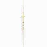14K gold bracelet with minimalist cross and three small crystal beads, displayed white
