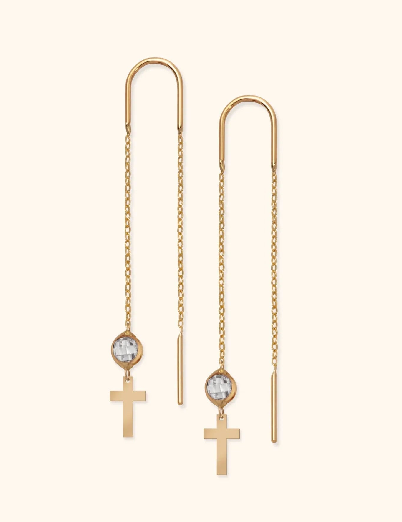 14K Gold Cross Threader Earrings with Crystal Bead – Faith-Inspired Dainty Jewelry - 1