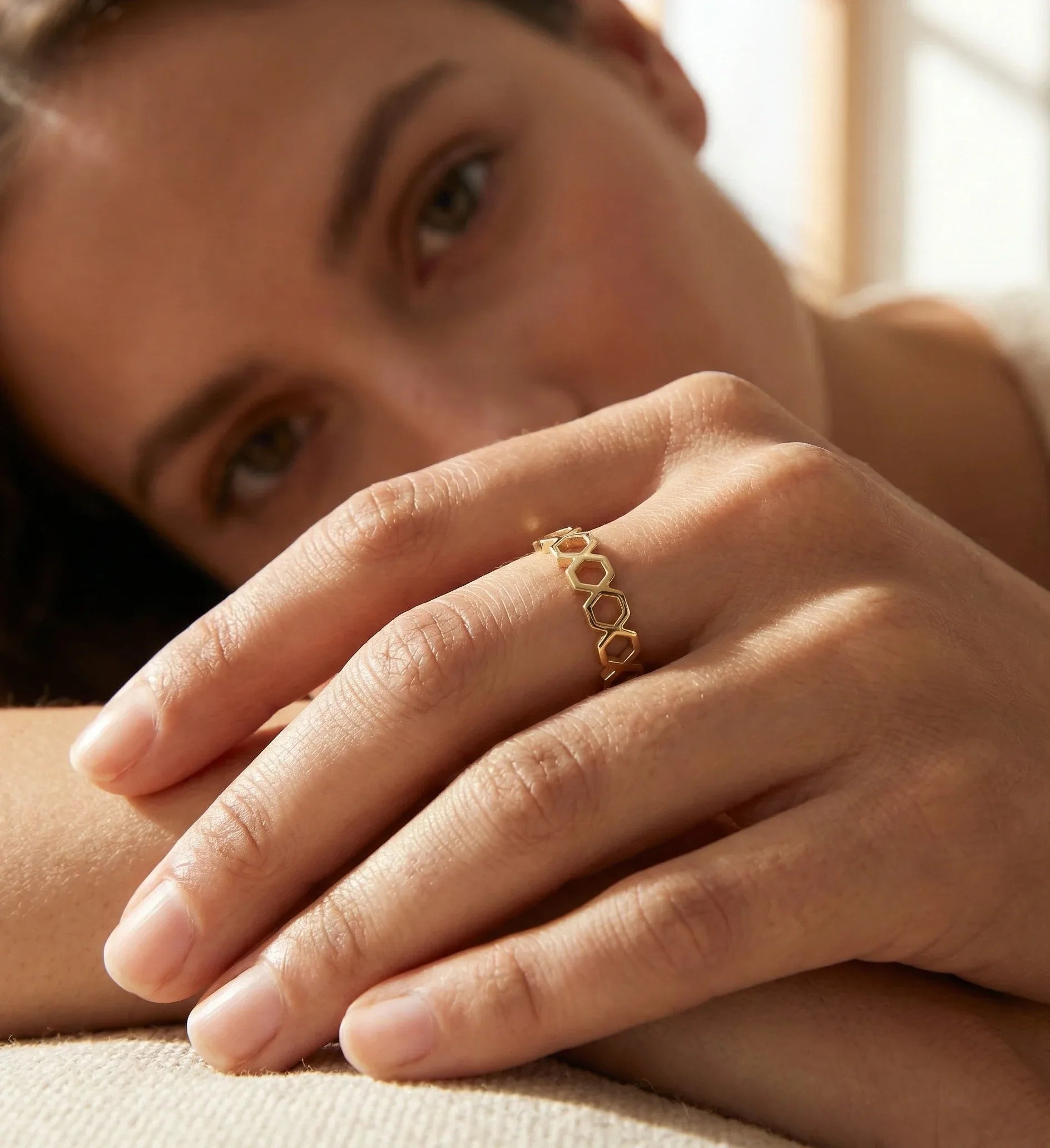14K Gold Honeycomb Geometric Ring – Modern Hexagon Stackable Ring - 1