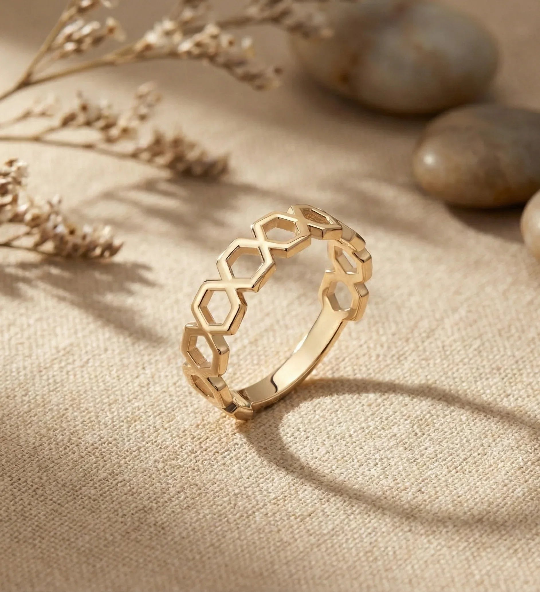 14K Gold Honeycomb Geometric Ring – Modern Hexagon Stackable Ring - 3