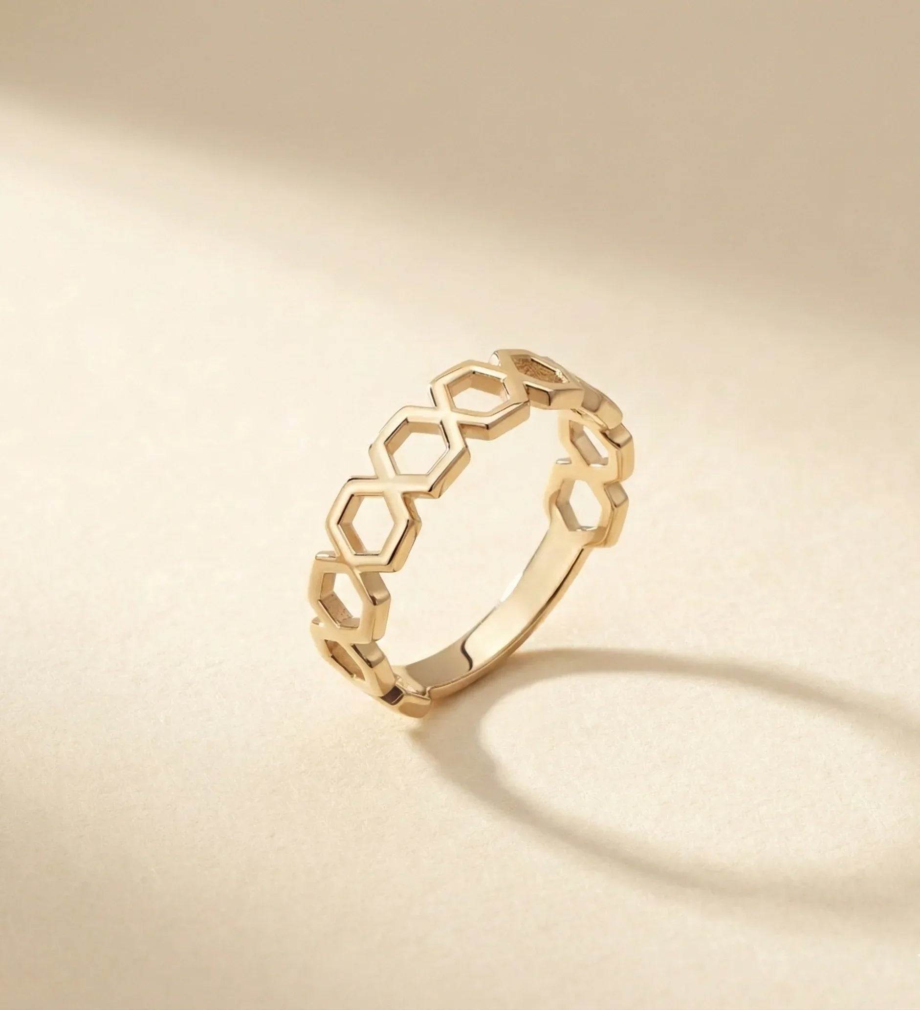 14K Gold Honeycomb Geometric Ring – Modern Hexagon Stackable Ring - 6