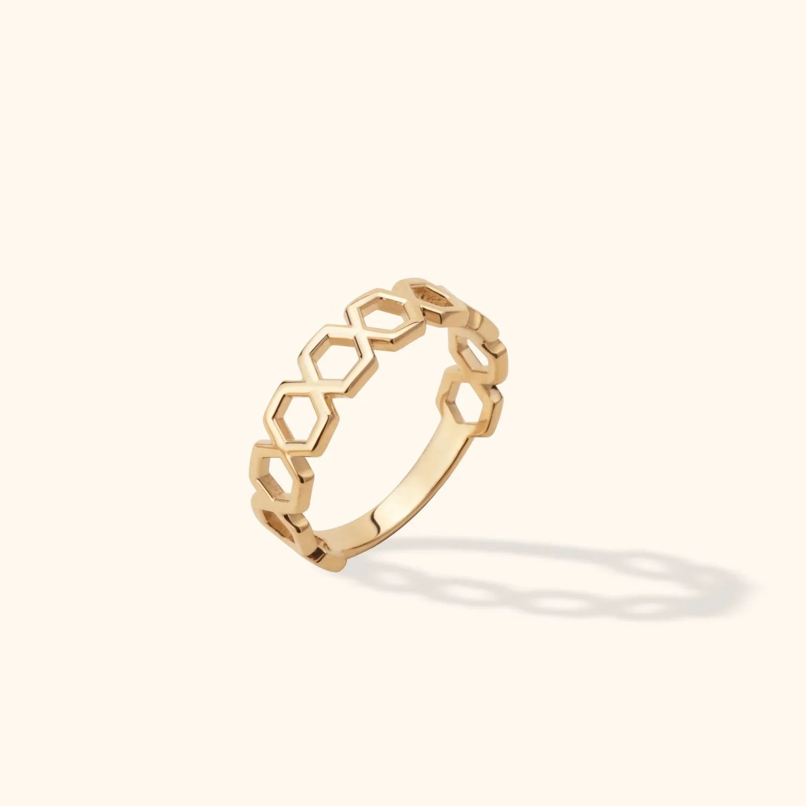14K Gold Honeycomb Geometric Ring – Modern Hexagon Stackable Ring - 9