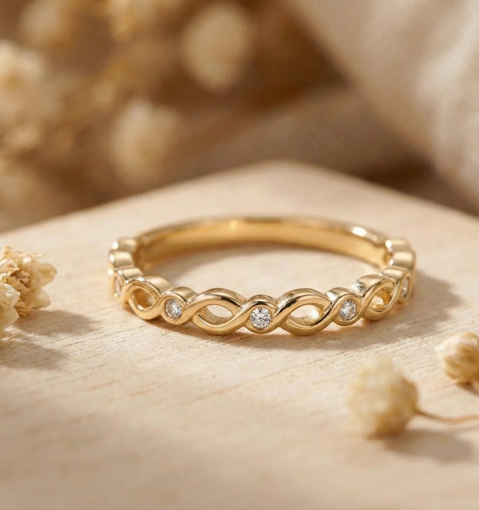 14K Gold Infinity Twist Diamond Ring | Stackable Promise Band - 3