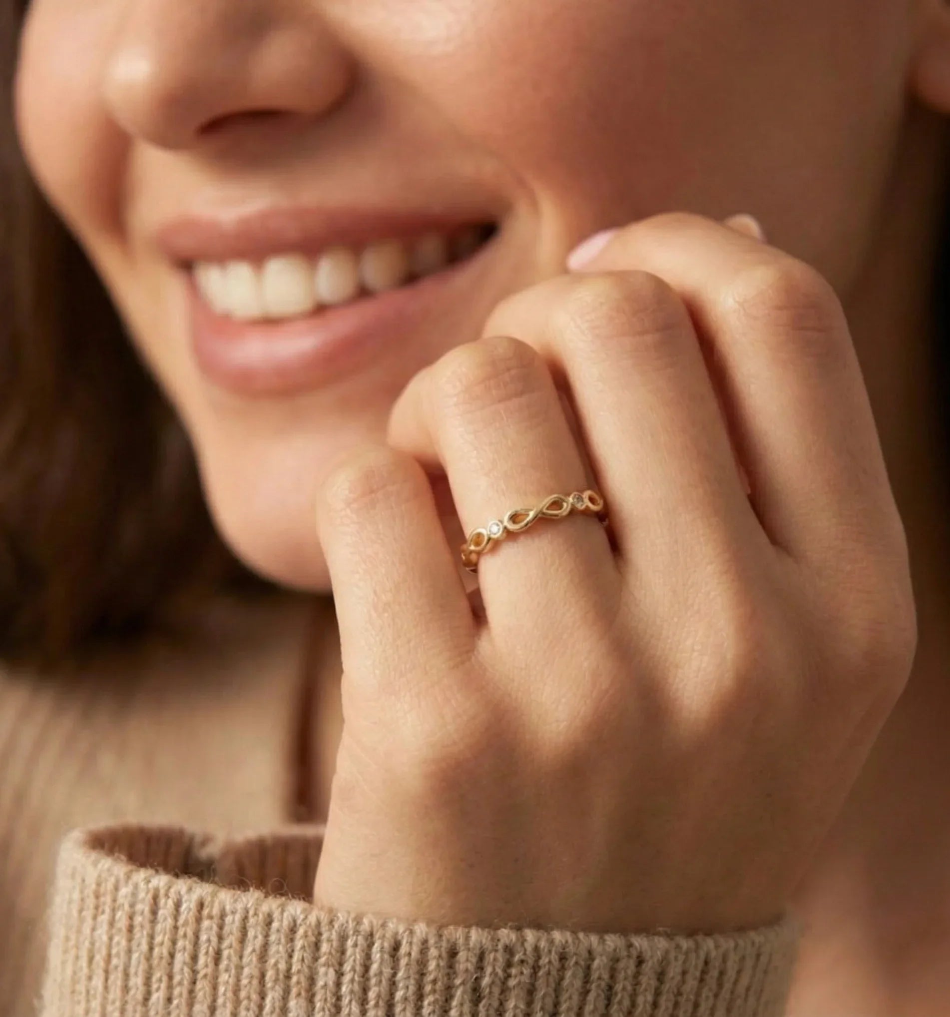 14K Gold Infinity Twist Diamond Ring | Stackable Promise Band - 4