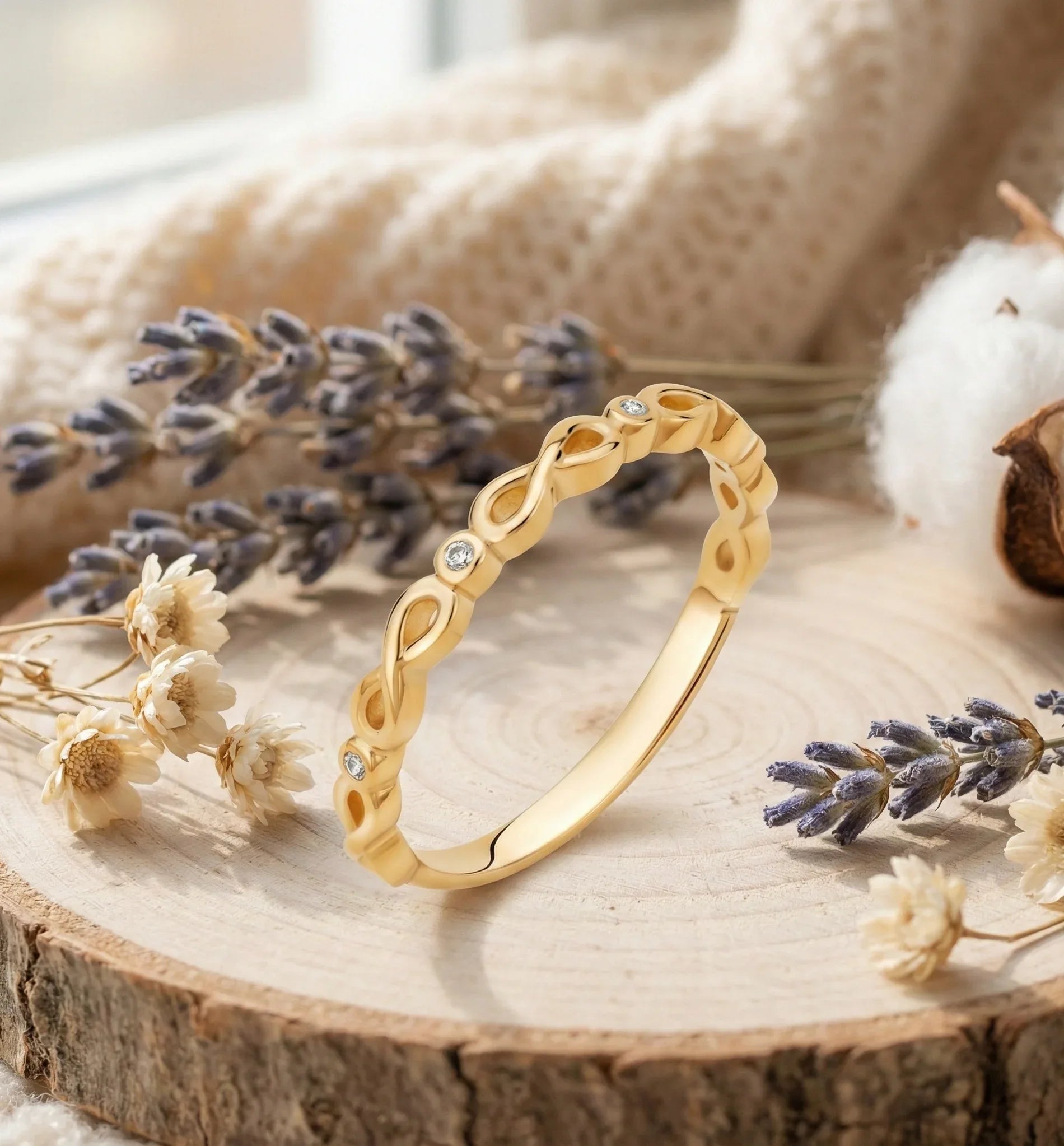 14K Gold Infinity Twist Diamond Ring | Stackable Promise Band - 6