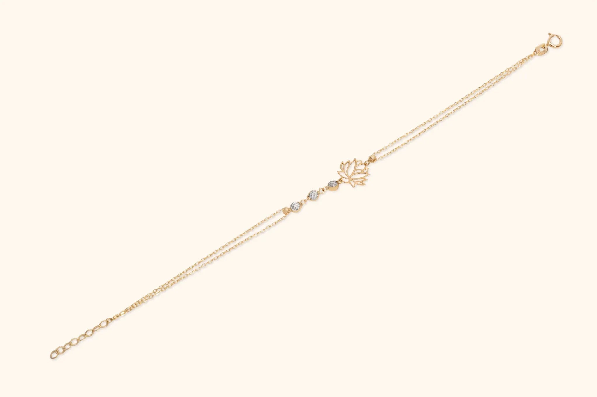 14K Gold Lotus Flower Bracelet with Faceted Crystal Accents - 22