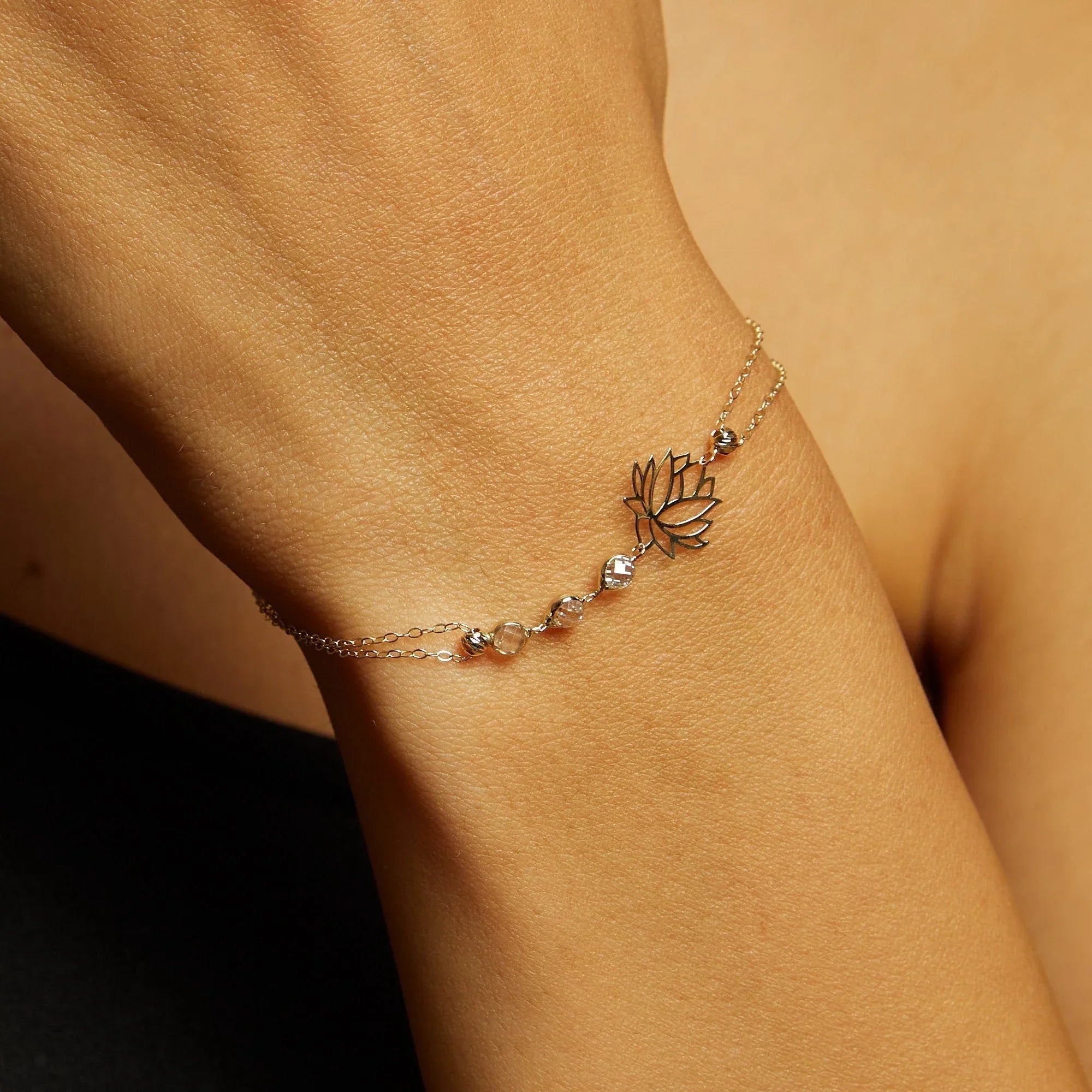 14K Gold Lotus Flower Bracelet with Faceted Crystal Accents - 33