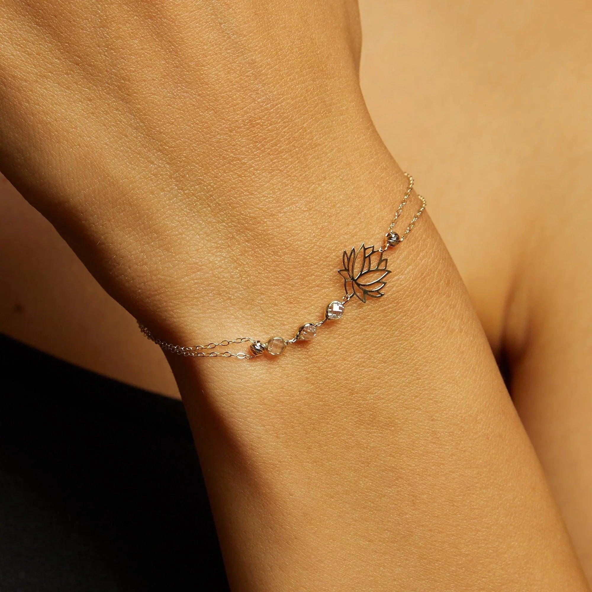 14K Gold Lotus Flower Bracelet with Faceted Crystal Accents - 33