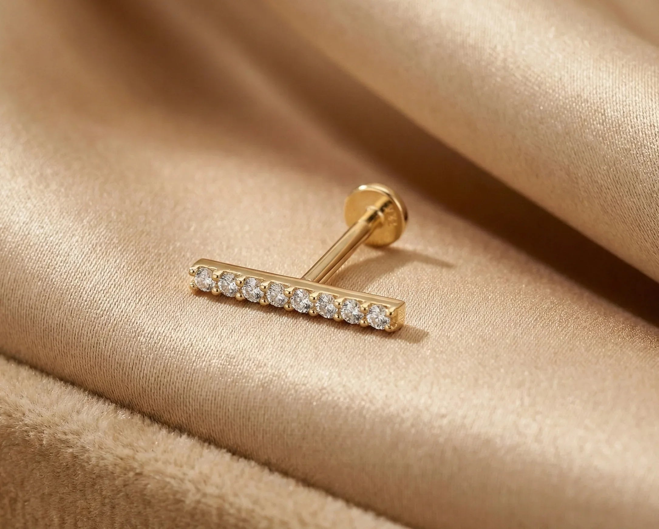14K Gold Pavé Bar Tragus Stud – Minimalist Flat Back Piercing - 3