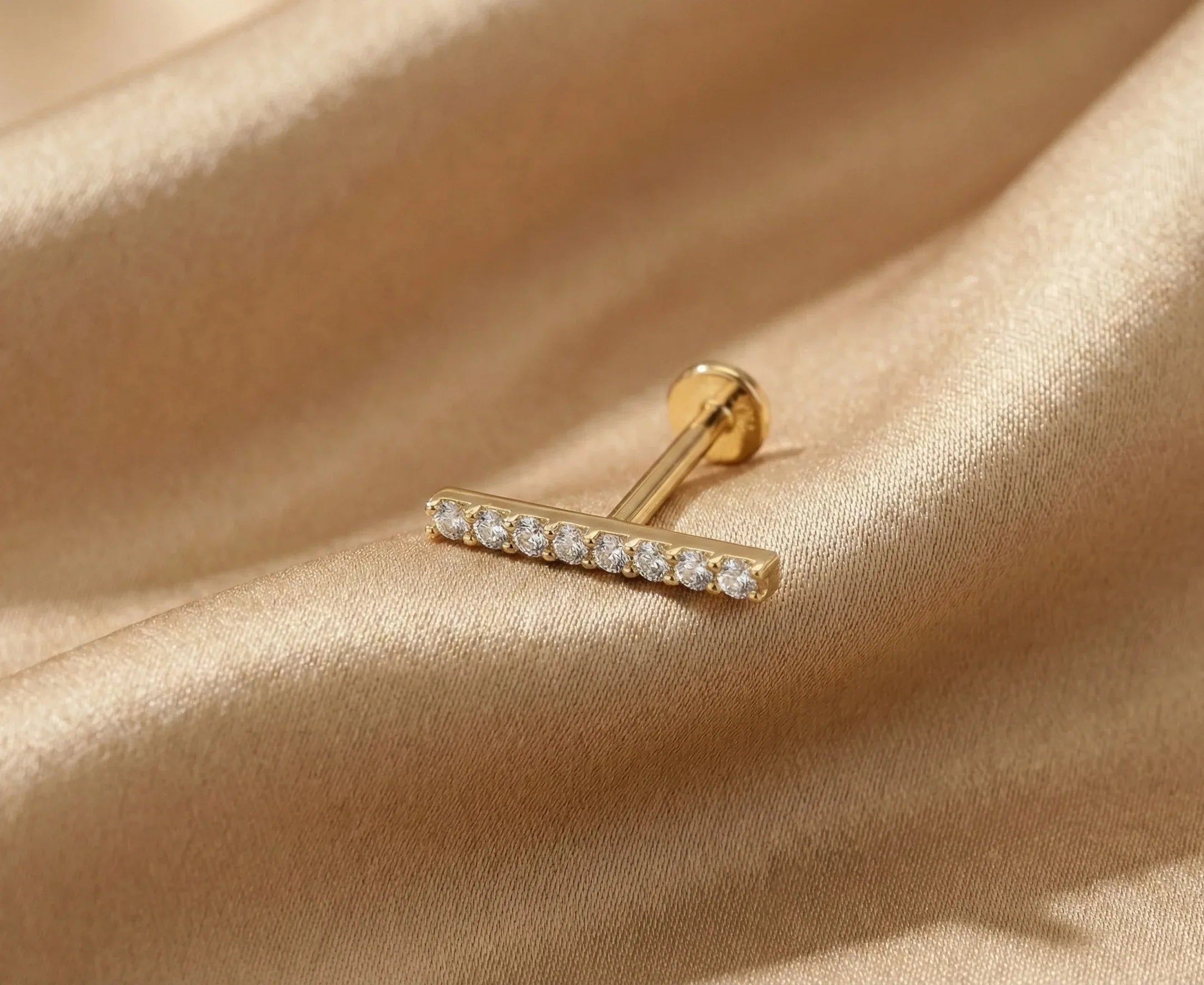 14K Gold Pavé Bar Tragus Stud – Minimalist Flat Back Piercing - 7