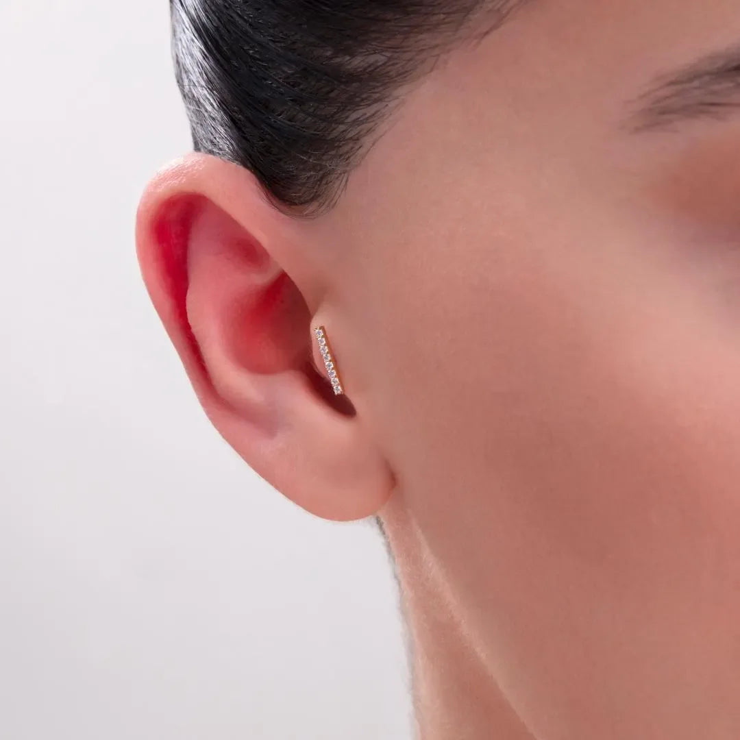 14K Gold Pavé Bar Tragus Stud – Minimalist Flat Back Piercing - 8