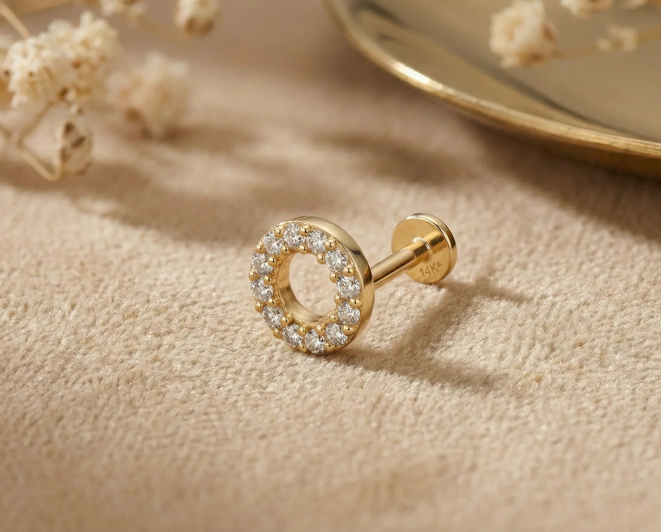 14K Gold Pavé Circle Tragus Stud – Minimal Flat Back Piercing - 3