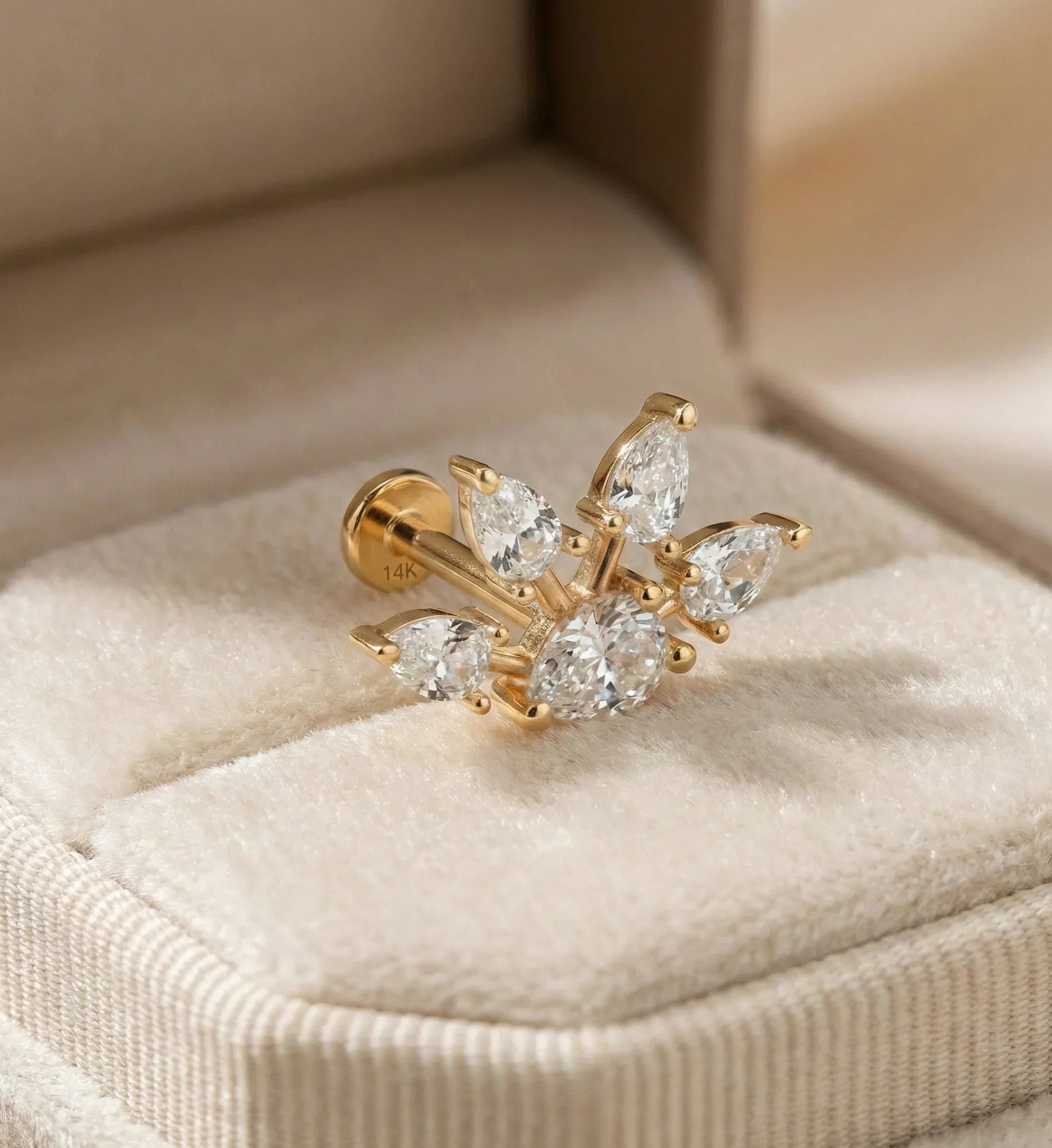 14K Solid Gold Pear Cluster Tragus Earring – Statement Cartilage Stud - 10