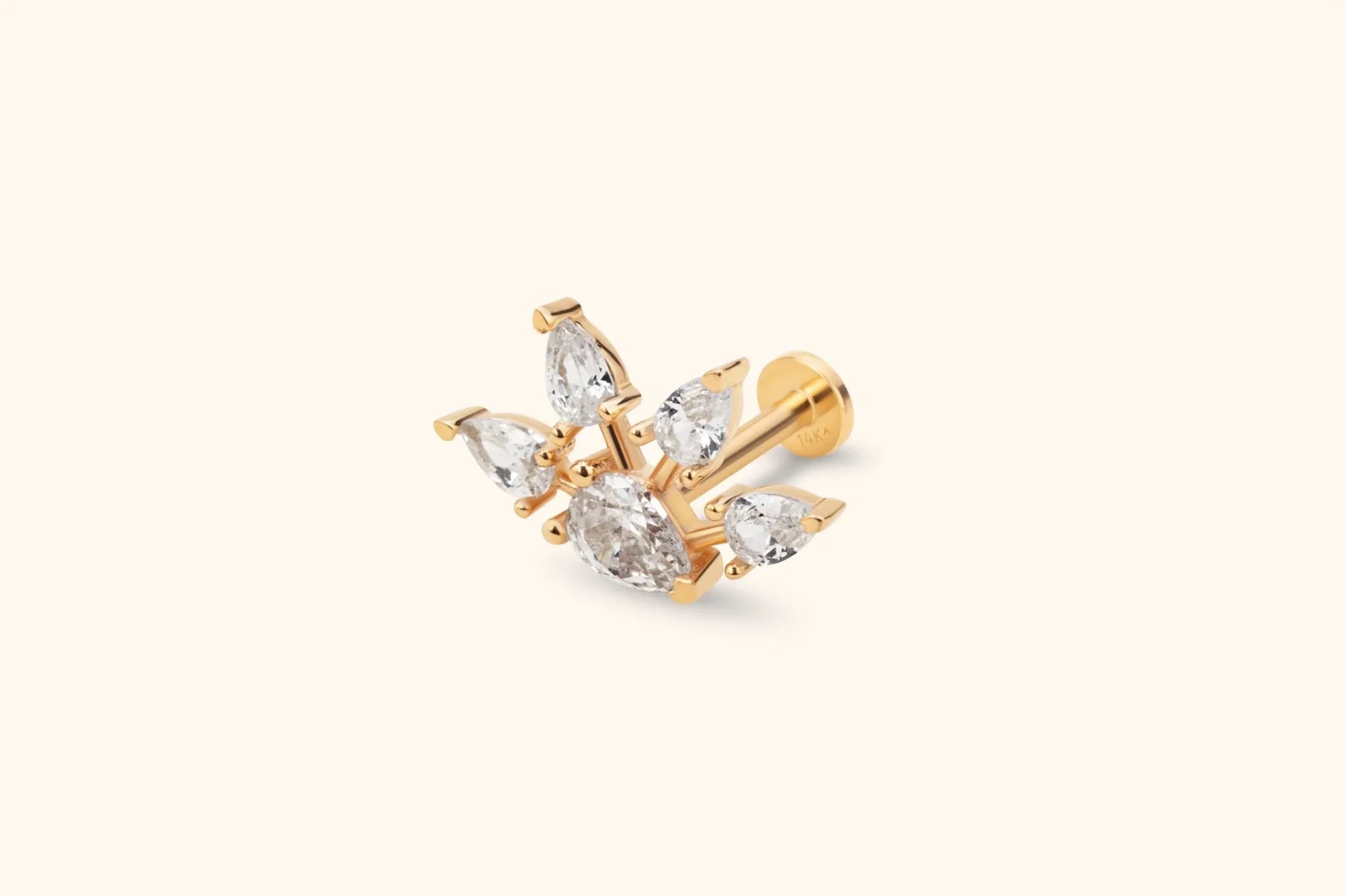 14K Solid Gold Pear Cluster Tragus Earring – Statement Cartilage Stud - 1