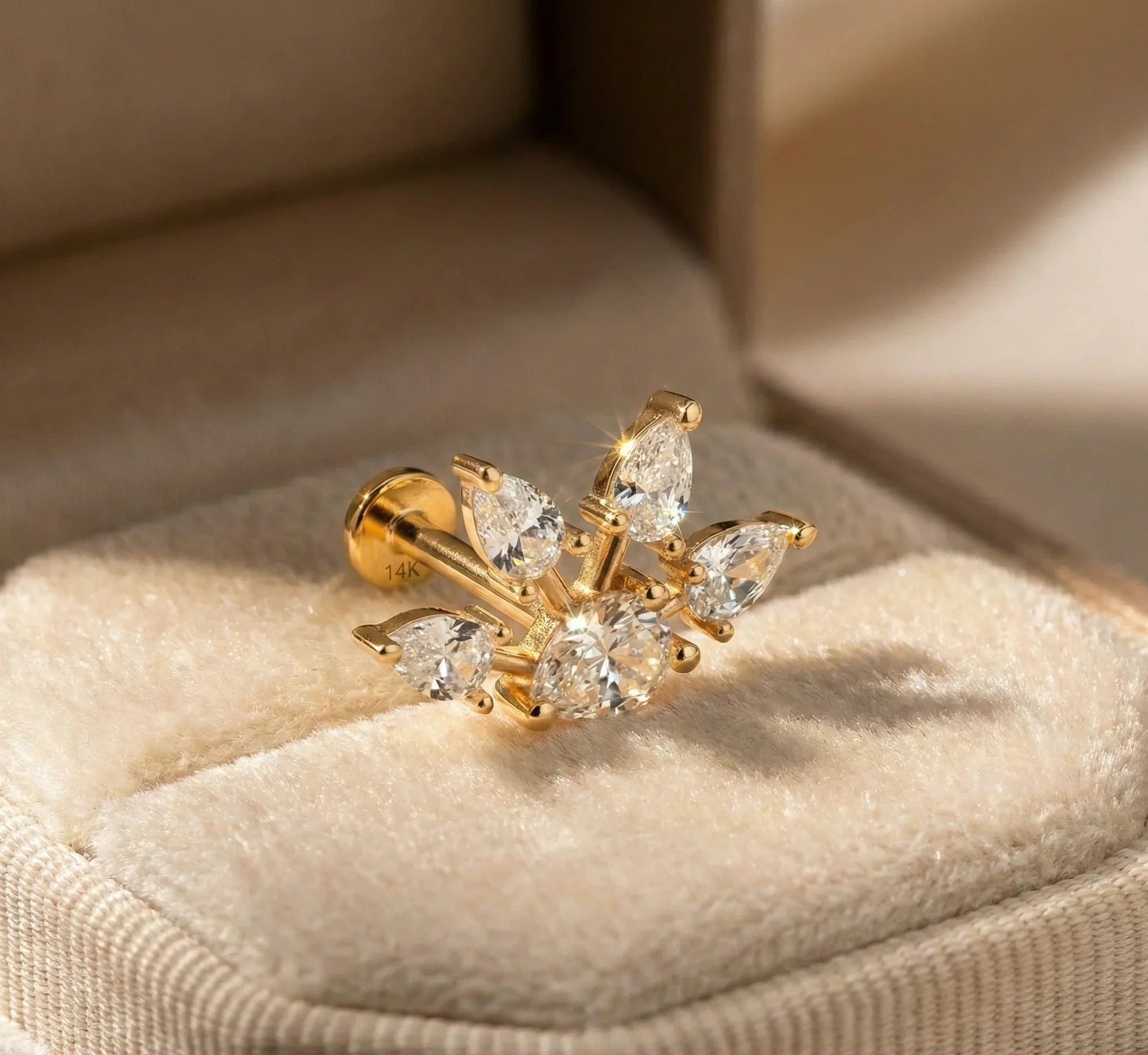 14K Solid Gold Pear Cluster Tragus Earring – Statement Cartilage Stud - 3