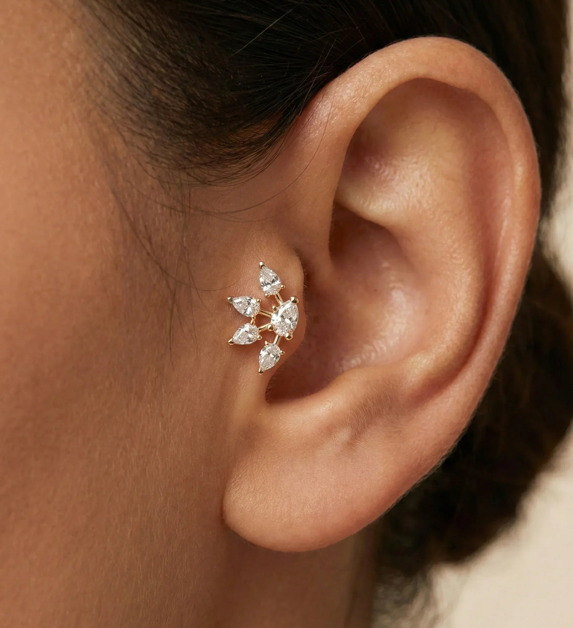 14K Solid Gold Pear Cluster Tragus Earring – Statement Cartilage Stud - 4
