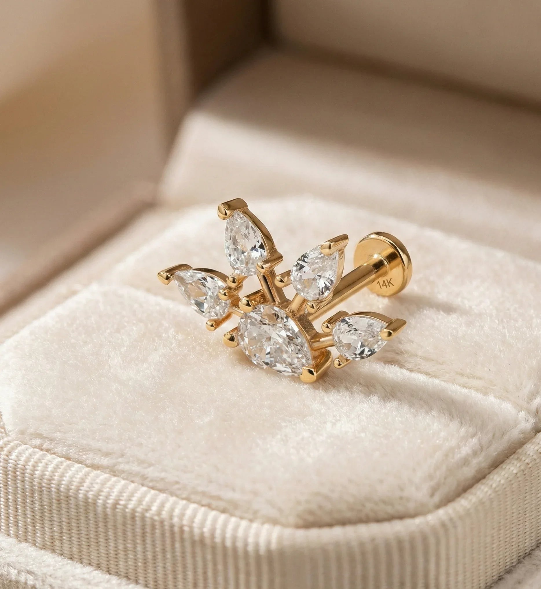 14K Solid Gold Pear Cluster Tragus Earring – Statement Cartilage Stud - 7