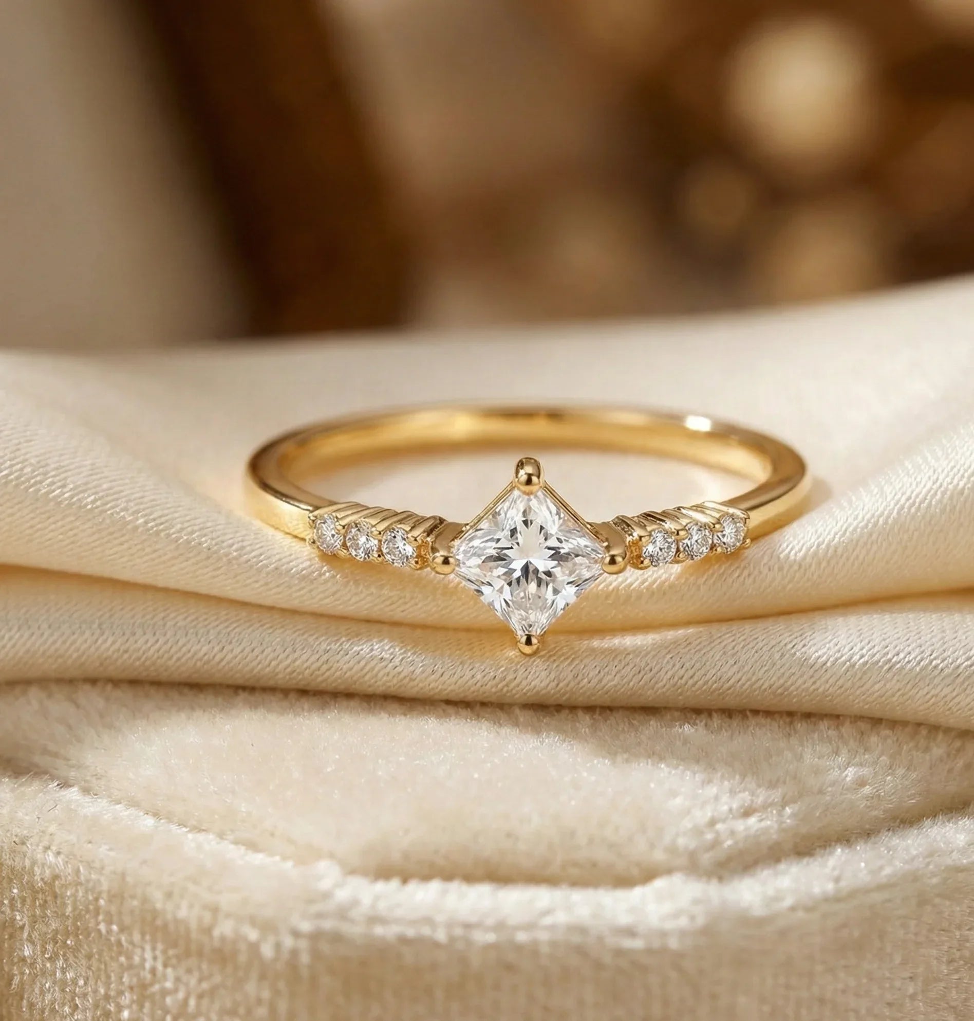 14K Gold Princess Cut Solitaire Ring – Dainty Accent Engagement Band - 11