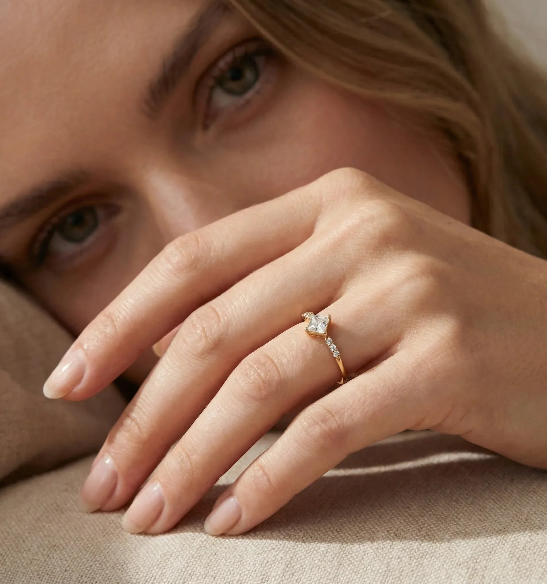 14K Gold Princess Cut Solitaire Ring – Dainty Accent Engagement Band - 1